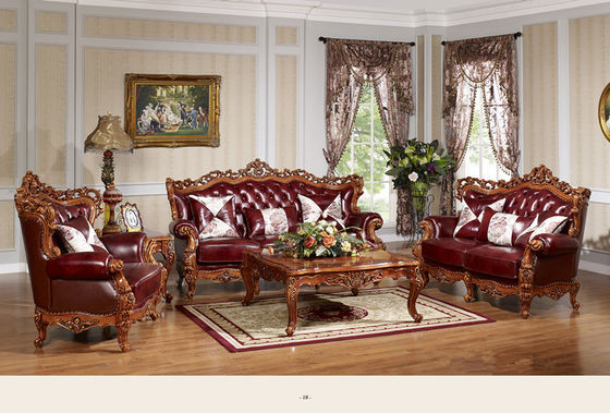 Luxury classic antique European style living room furniture  solid wood leather  sofa set