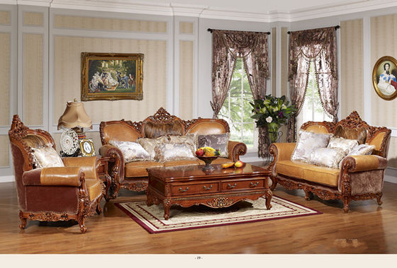 Luxury classic antique European style living room furniture  solid wood leather  sofa set