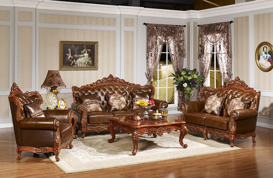Luxury classic antique European style living room furniture  solid wood leather  sofa set
