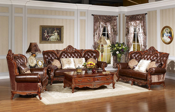 Luxury classic antique European style living room furniture  solid wood leather  sofa set