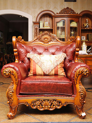 Top Grain Royal Wood Carved Baroque Sofa High Elastic Antique Leather Couch