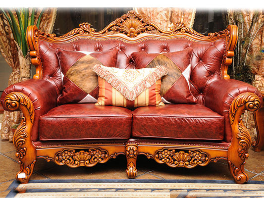 Top Grain Royal Wood Carved Baroque Sofa High Elastic Antique Leather Couch