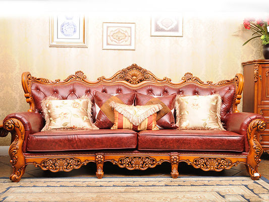Top Grain Royal Wood Carved Baroque Sofa High Elastic Antique Leather Couch