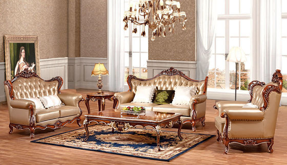 Antique Living Room Noble Sofa Sets Classic Leather and Wood Couch Furniture