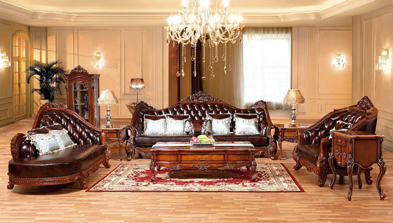 Antique Living Room Noble Sofa Sets Classic Leather and Wood Couch Furniture