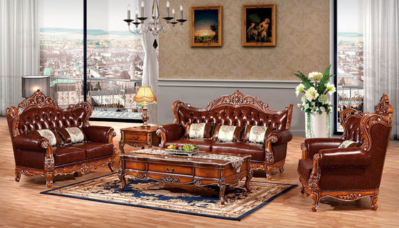 Antique Living Room Noble Sofa Sets Classic Leather and Wood Couch Furniture