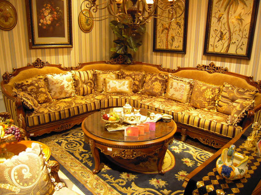 Gold Foil Royal Fabric Wooden Luxury Sofa Antique Baroque Style Couch 5 Years Guarantee